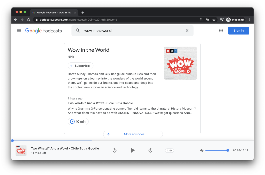 Google Podcast dashboard where you can find a podcast with a quick keyword search.